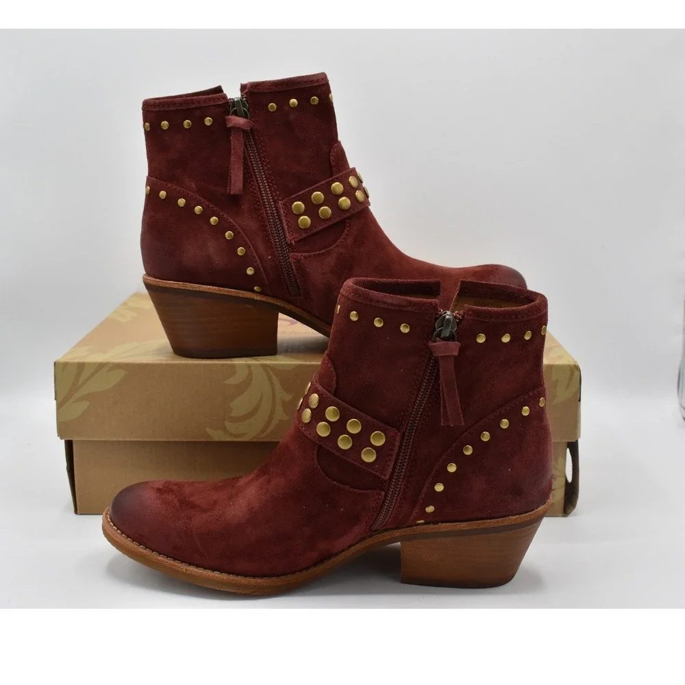 Sofft Allene II Ankle Boots Women 7 Burgundy Red Suede Studded Western Shoes